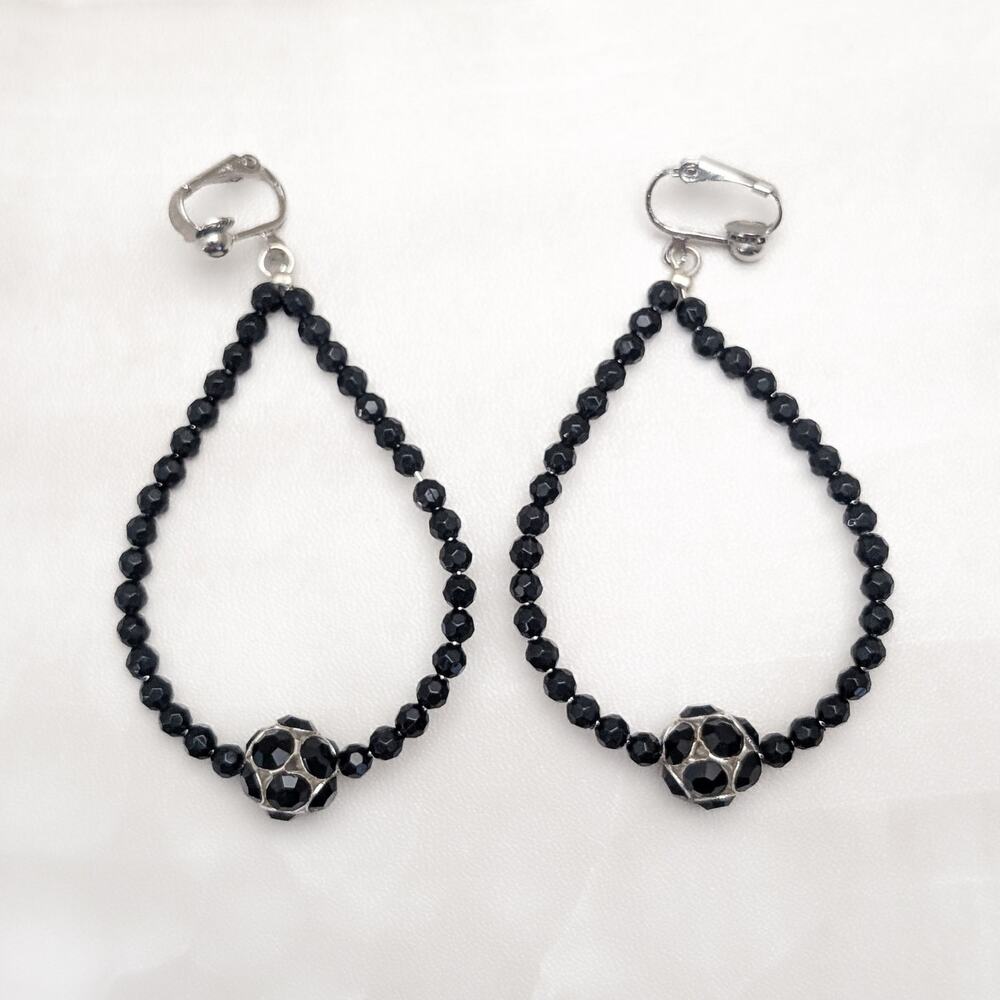 Vintage Clip On Earrings Extra Large Black & Silver Tone Drop Statement 3.25"